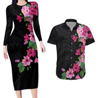 Hawaiian Hibiscus and Art Polynesian Tattoo Couples Matching Long Sleeve Bodycon Dress and Hawaiian Shirt Black Color