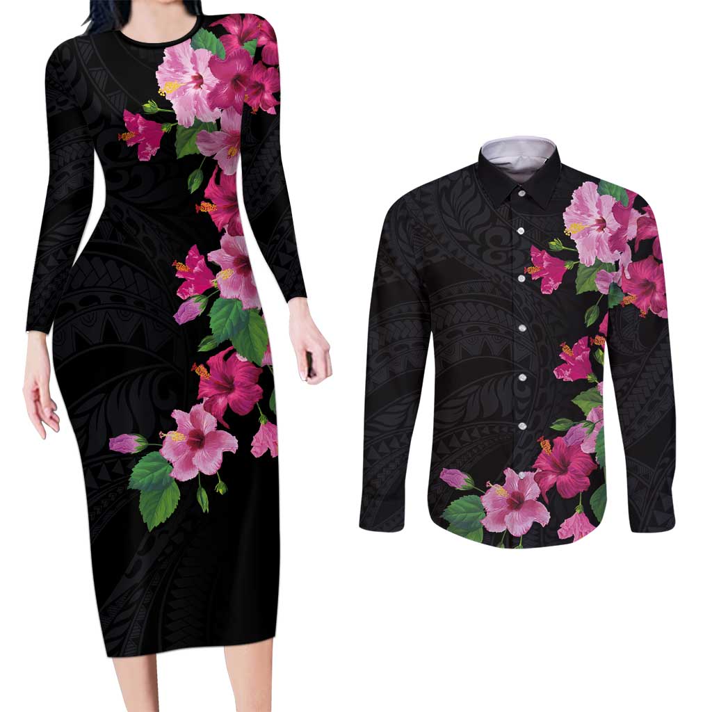 Hawaiian Hibiscus and Art Polynesian Tattoo Couples Matching Long Sleeve Bodycon Dress and Long Sleeve Button Shirt Black Color
