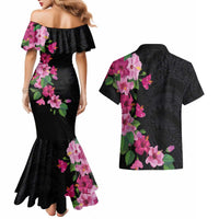Hawaiian Hibiscus and Art Polynesian Tattoo Couples Matching Mermaid Dress and Hawaiian Shirt Black Color