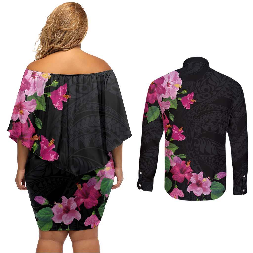 Hawaiian Hibiscus and Art Polynesian Tattoo Couples Matching Off Shoulder Short Dress and Long Sleeve Button Shirt Black Color