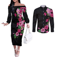 Hawaiian Hibiscus and Art Polynesian Tattoo Couples Matching Off The Shoulder Long Sleeve Dress and Long Sleeve Button Shirt Black Color