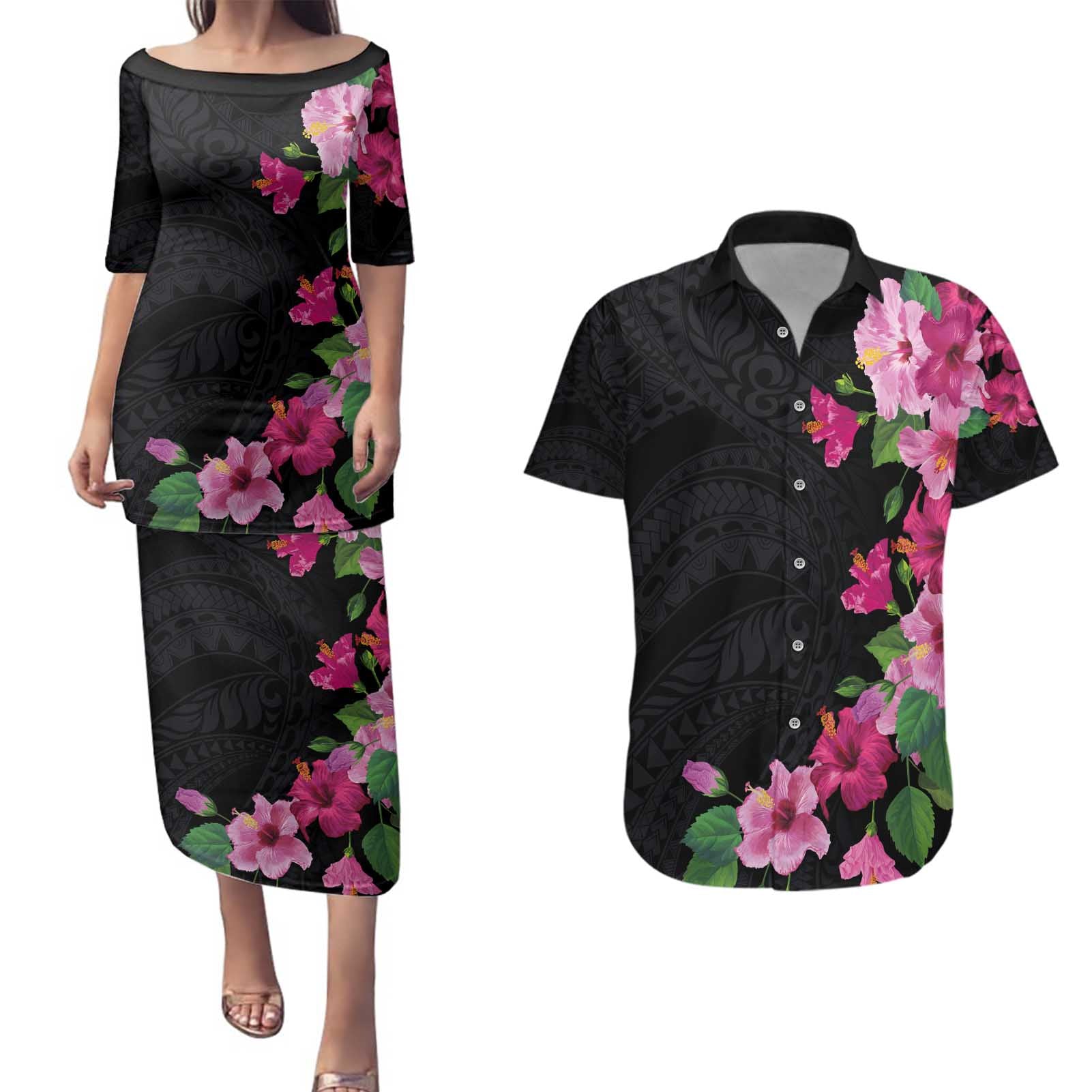 Hawaiian Hibiscus and Art Polynesian Tattoo Couples Matching Puletasi and Hawaiian Shirt Black Color