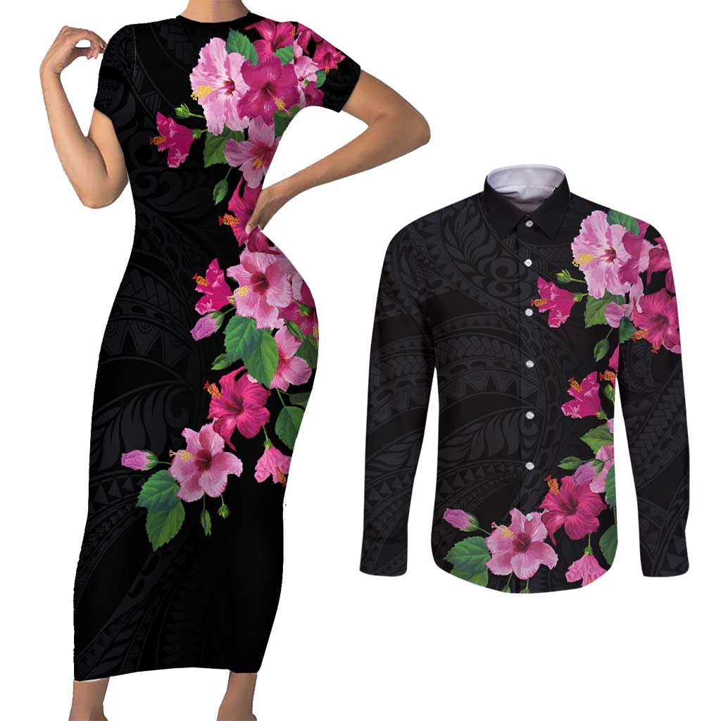 Hawaiian Hibiscus and Art Polynesian Tattoo Couples Matching Short Sleeve Bodycon Dress and Long Sleeve Button Shirt Black Color