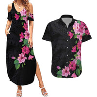 Hawaiian Hibiscus and Art Polynesian Tattoo Couples Matching Summer Maxi Dress and Hawaiian Shirt Black Color