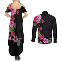 Hawaiian Hibiscus and Art Polynesian Tattoo Couples Matching Summer Maxi Dress and Long Sleeve Button Shirt Black Color