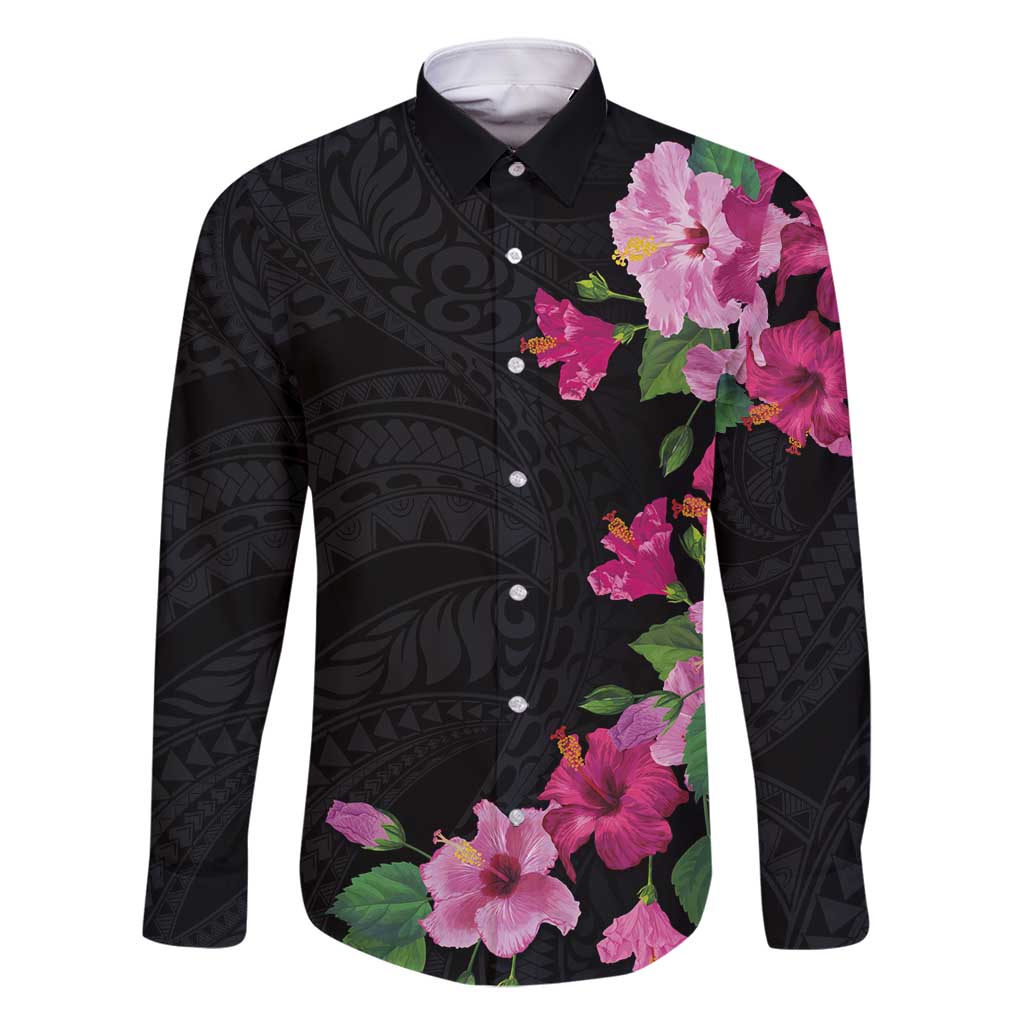 Hawaiian Hibiscus and Art Polynesian Tattoo Family Matching Long Sleeve Bodycon Dress and Hawaiian Shirt Black Color