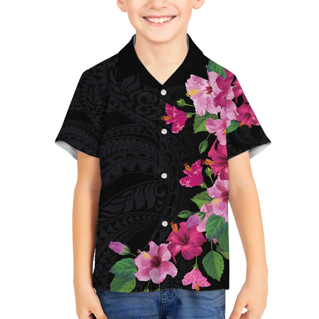 Hawaiian Hibiscus and Art Polynesian Tattoo Family Matching Long Sleeve Bodycon Dress and Hawaiian Shirt Black Color