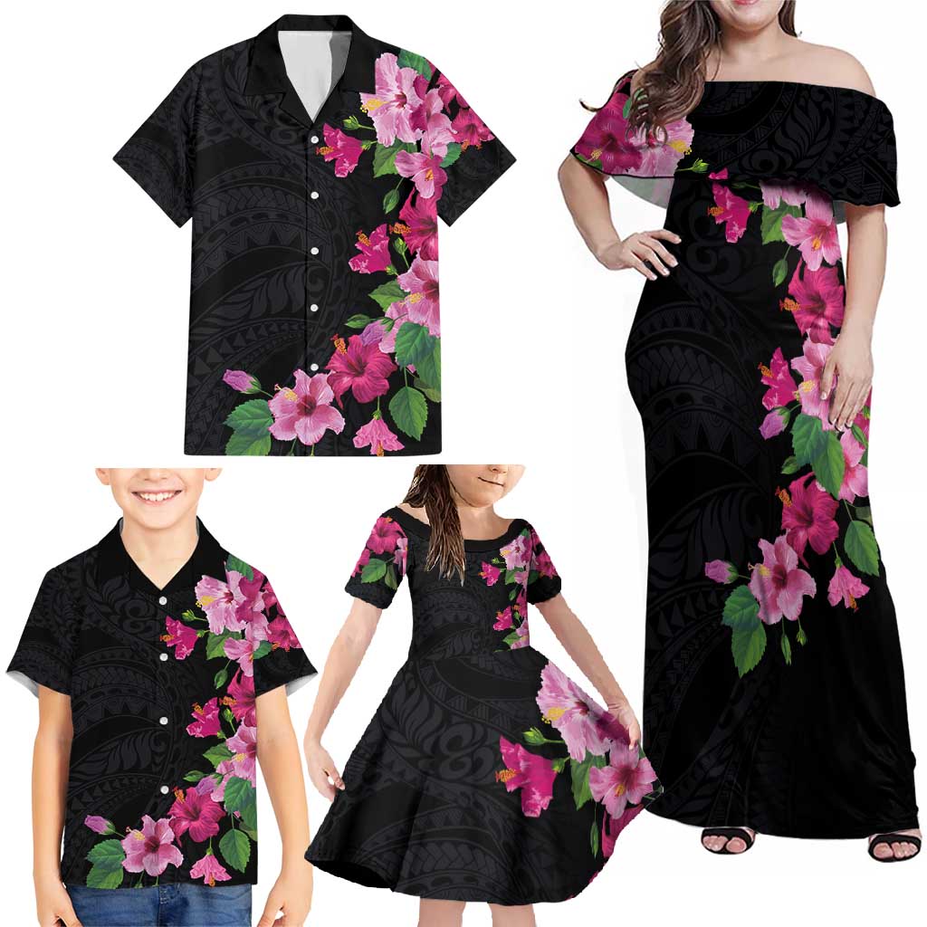 Hawaiian Hibiscus and Art Polynesian Tattoo Family Matching Off Shoulder Maxi Dress and Hawaiian Shirt Black Color