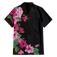 Hawaiian Hibiscus and Art Polynesian Tattoo Family Matching Off Shoulder Short Dress and Hawaiian Shirt Black Color