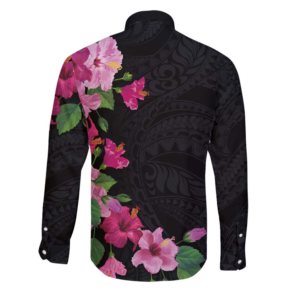 Hawaiian Hibiscus and Art Polynesian Tattoo Family Matching Off Shoulder Short Dress and Hawaiian Shirt Black Color