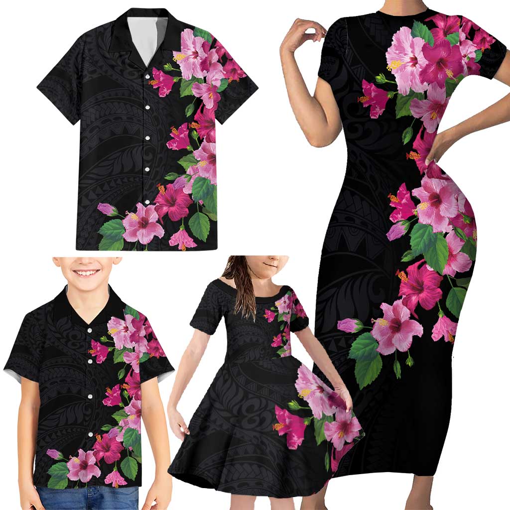 Hawaiian Hibiscus and Art Polynesian Tattoo Family Matching Short Sleeve Bodycon Dress and Hawaiian Shirt Black Color