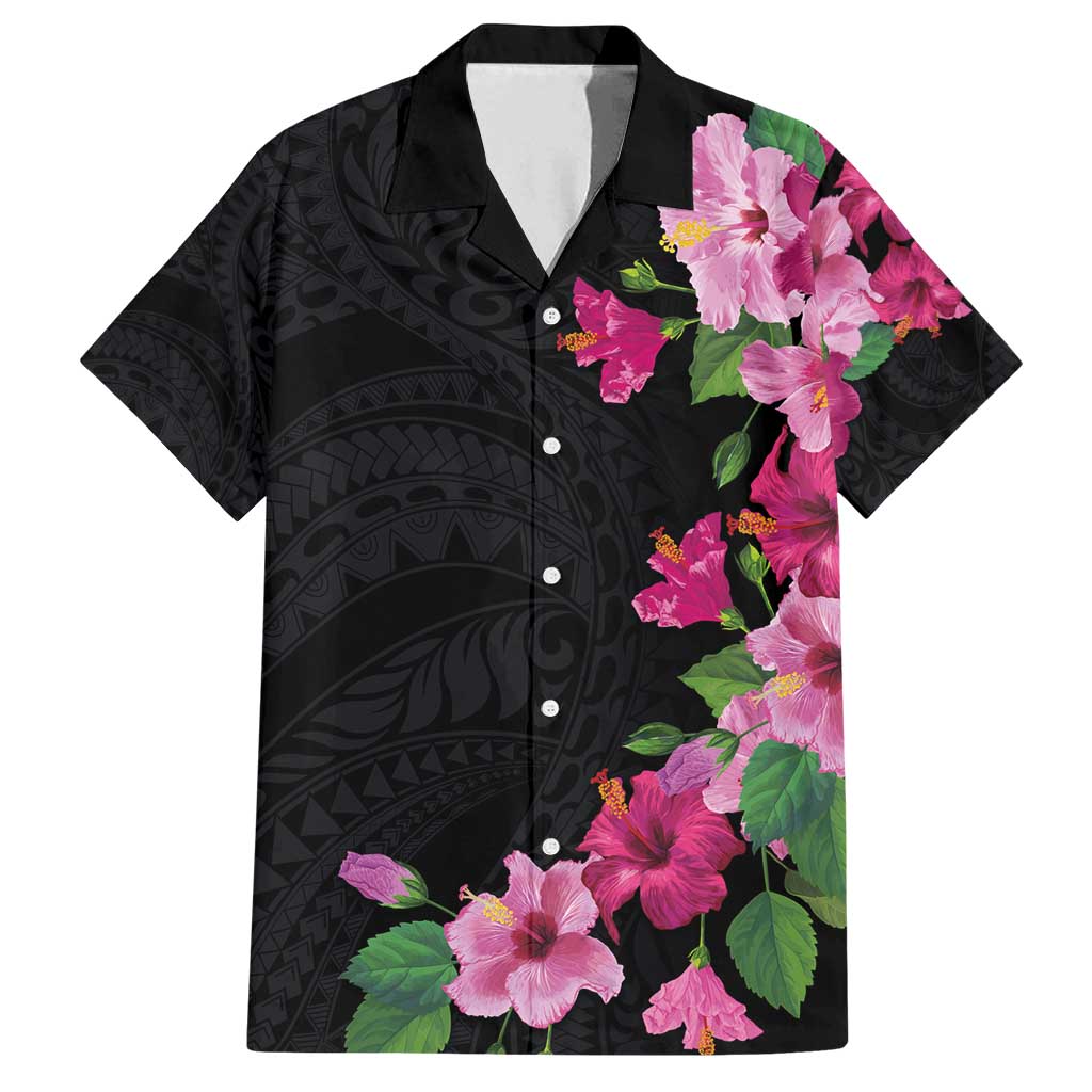 Hawaiian Hibiscus and Art Polynesian Tattoo Family Matching Summer Maxi Dress and Hawaiian Shirt Black Color