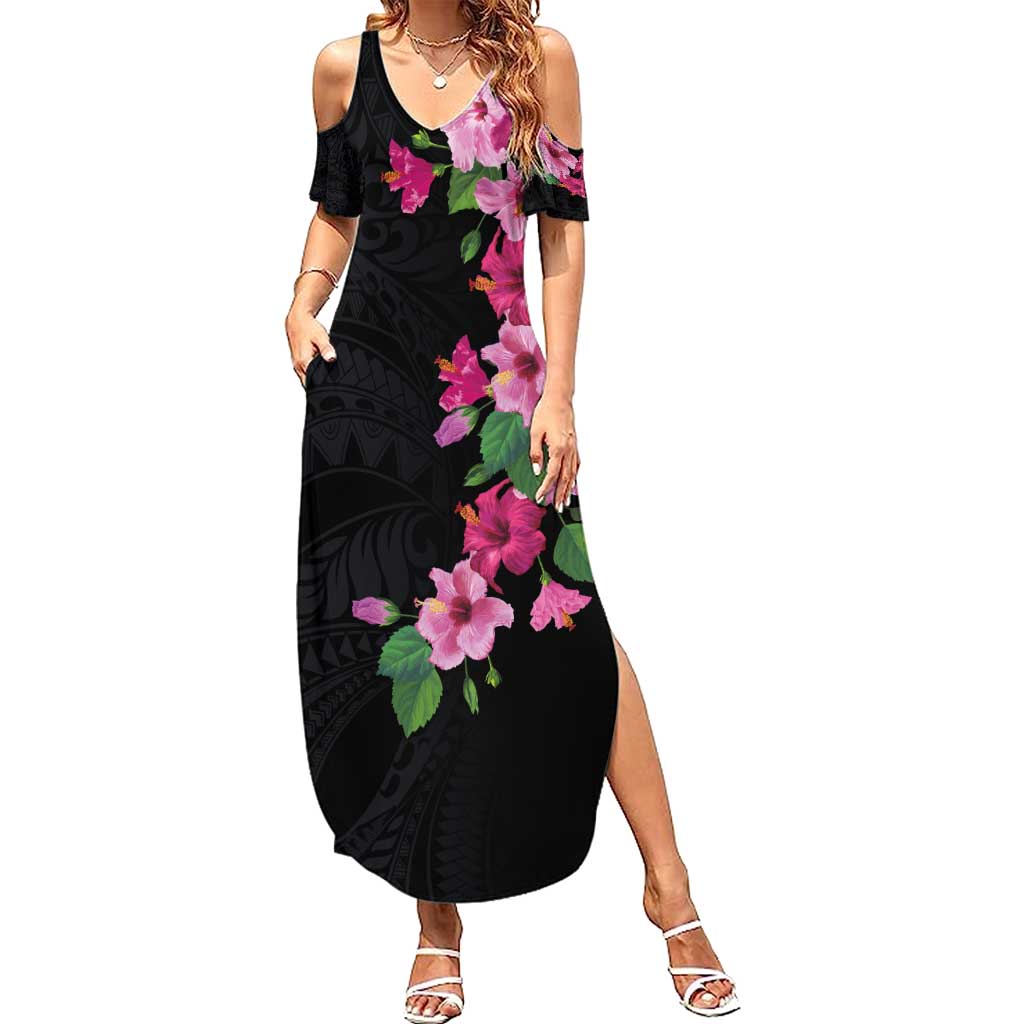 Hawaiian Hibiscus and Art Polynesian Tattoo Family Matching Summer Maxi Dress and Hawaiian Shirt Black Color