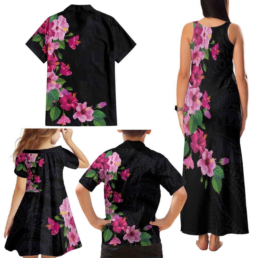 Hawaiian Hibiscus and Art Polynesian Tattoo Family Matching Tank Maxi Dress and Hawaiian Shirt Black Color