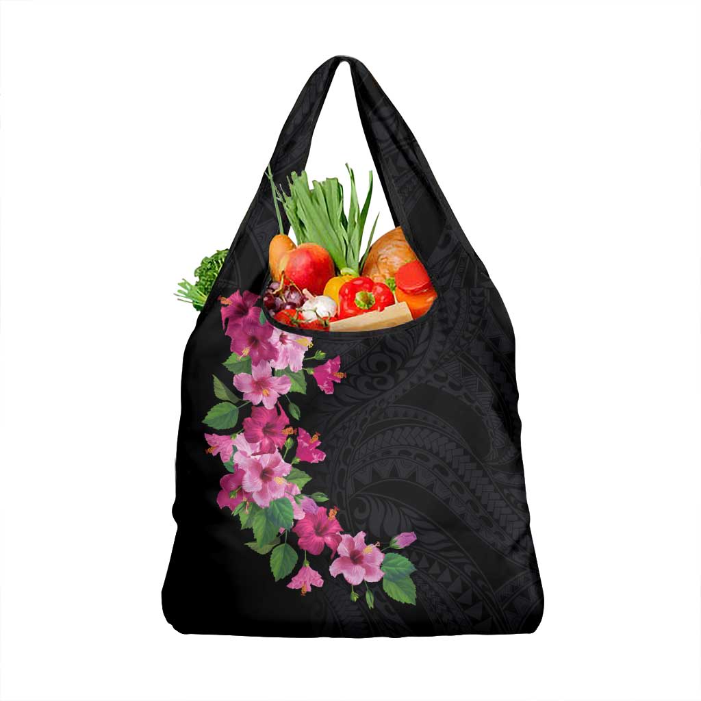 Hawaiian Hibiscus and Art Polynesian Tattoo Grocery Bag Black Color