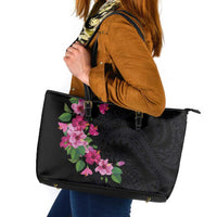 Hawaiian Hibiscus and Art Polynesian Tattoo Leather Tote Bag Black Color