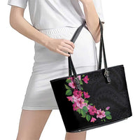 Hawaiian Hibiscus and Art Polynesian Tattoo Leather Tote Bag Black Color