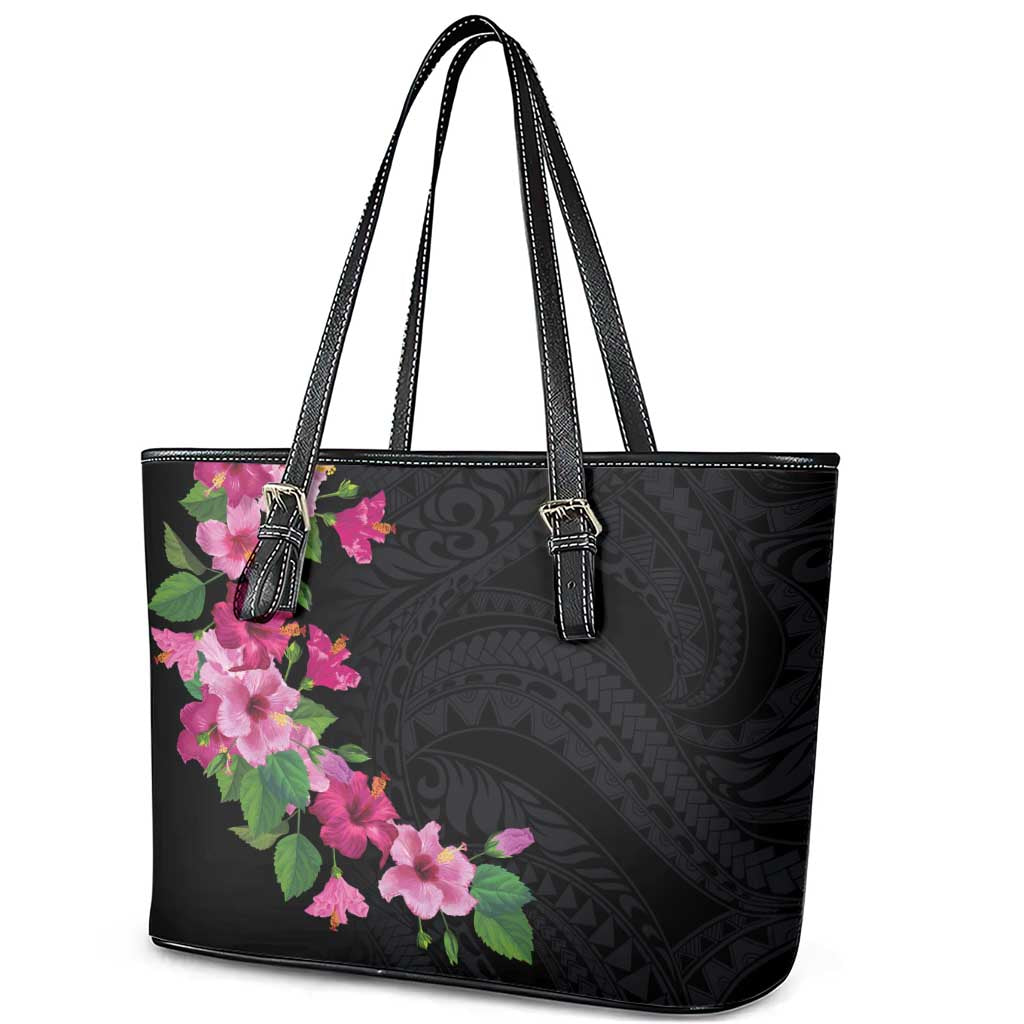 Hawaiian Hibiscus and Art Polynesian Tattoo Leather Tote Bag Black Color
