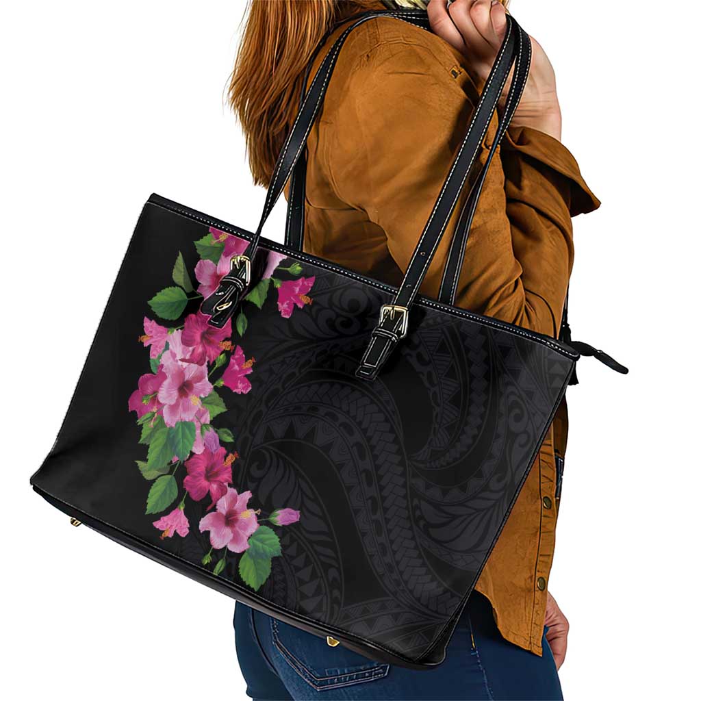 Hawaiian Hibiscus and Art Polynesian Tattoo Leather Tote Bag Black Color