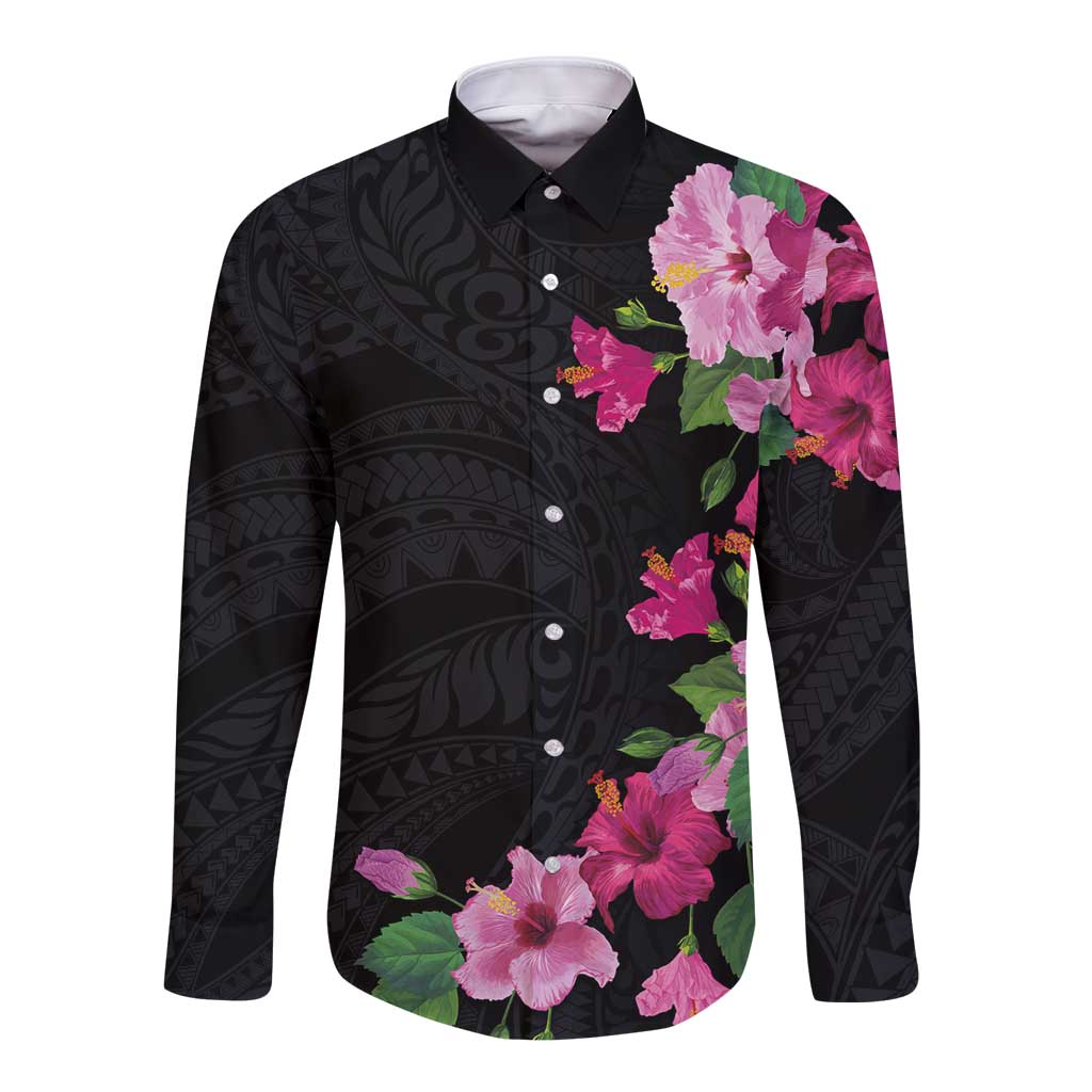 Hawaiian Hibiscus and Art Polynesian Tattoo Long Sleeve Button Shirt Black Color