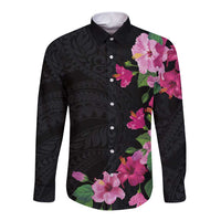 Hawaiian Hibiscus and Art Polynesian Tattoo Long Sleeve Button Shirt Black Color