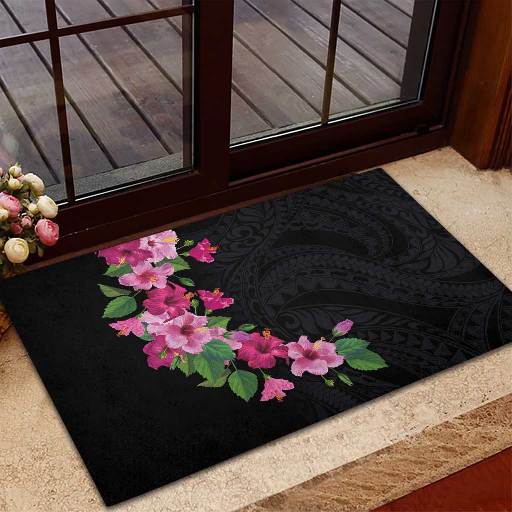 Hawaiian Hibiscus and Art Polynesian Tattoo Rubber Doormat Black Color