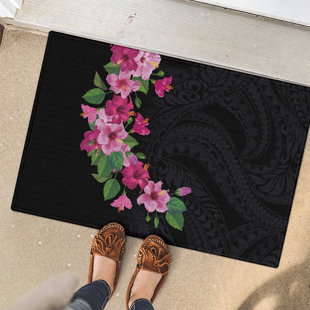 Hawaiian Hibiscus and Art Polynesian Tattoo Rubber Doormat Black Color