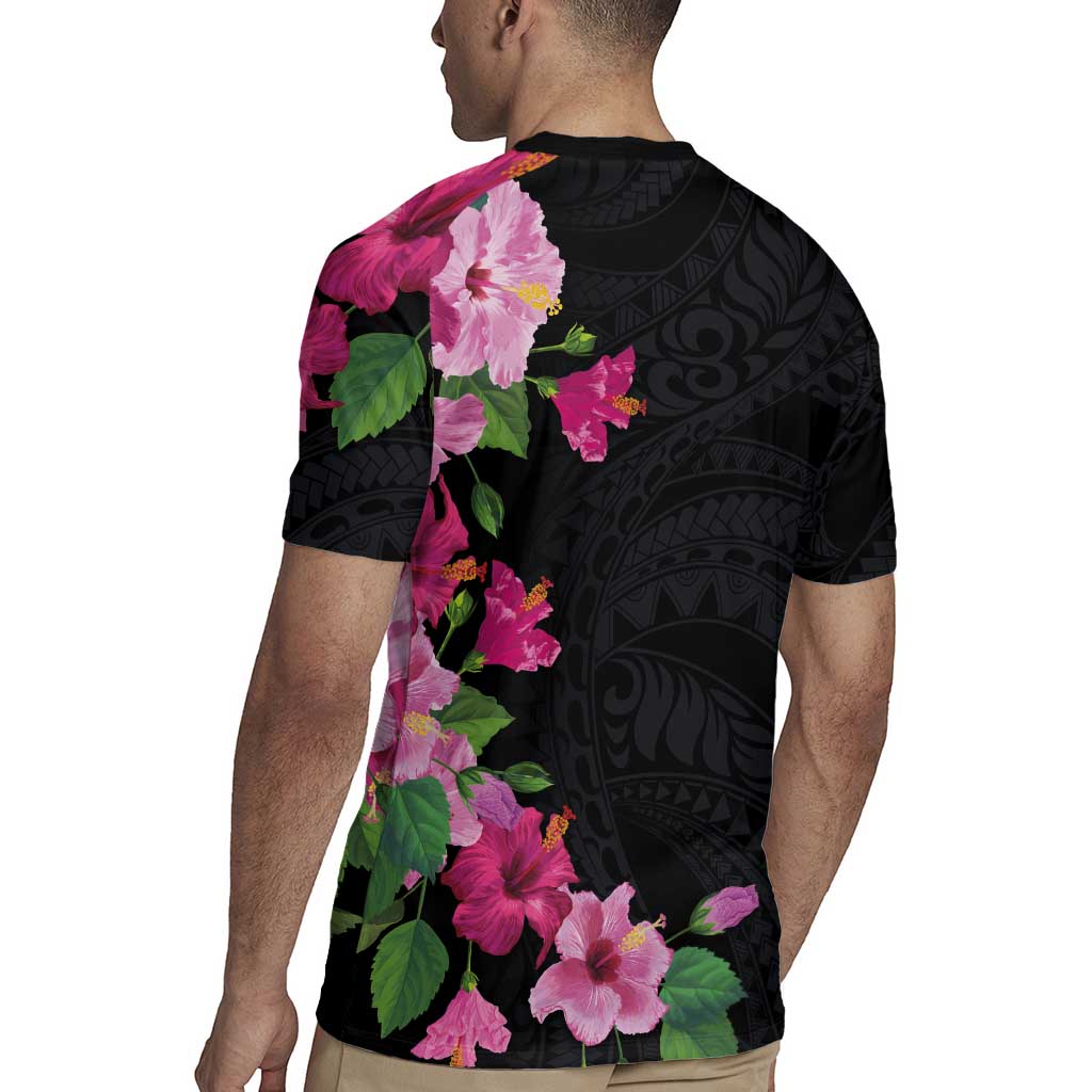 Hawaiian Hibiscus and Art Polynesian Tattoo Rugby Jersey Black Color