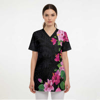 Hawaiian Hibiscus and Art Polynesian Tattoo Scrub Top Black Color - Polynesian Pride