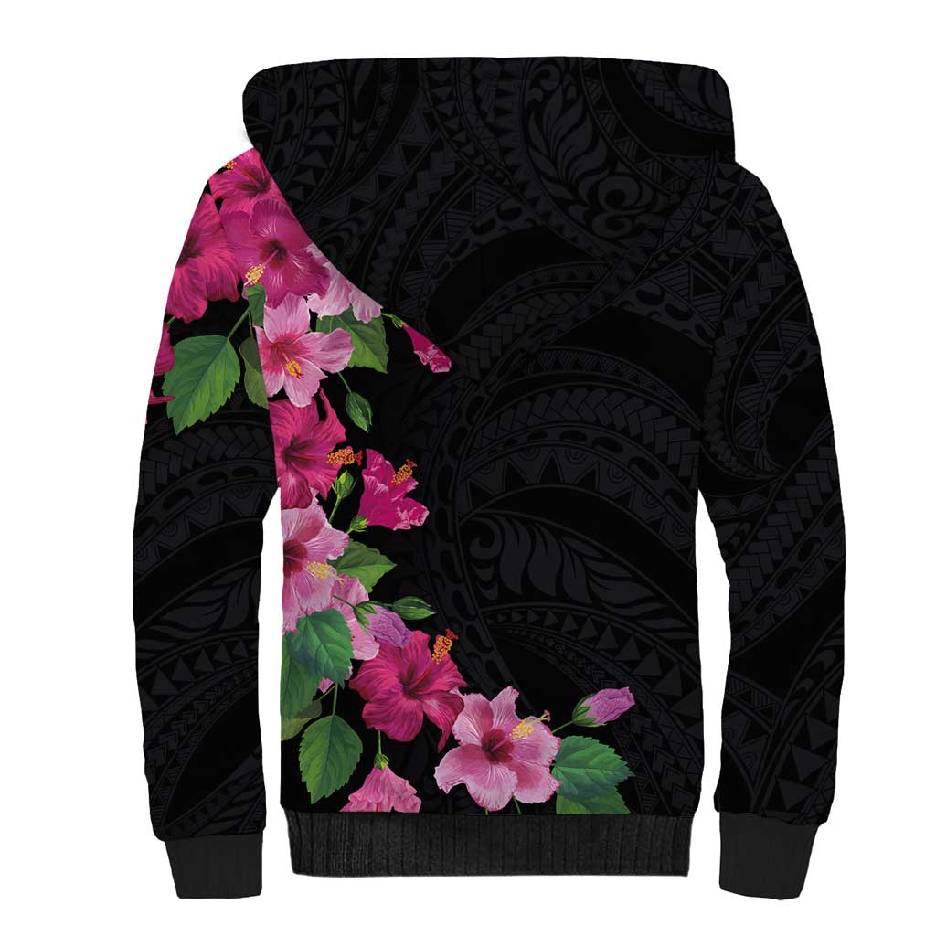 Hawaiian Hibiscus and Art Polynesian Tattoo Sherpa Hoodie Black Color