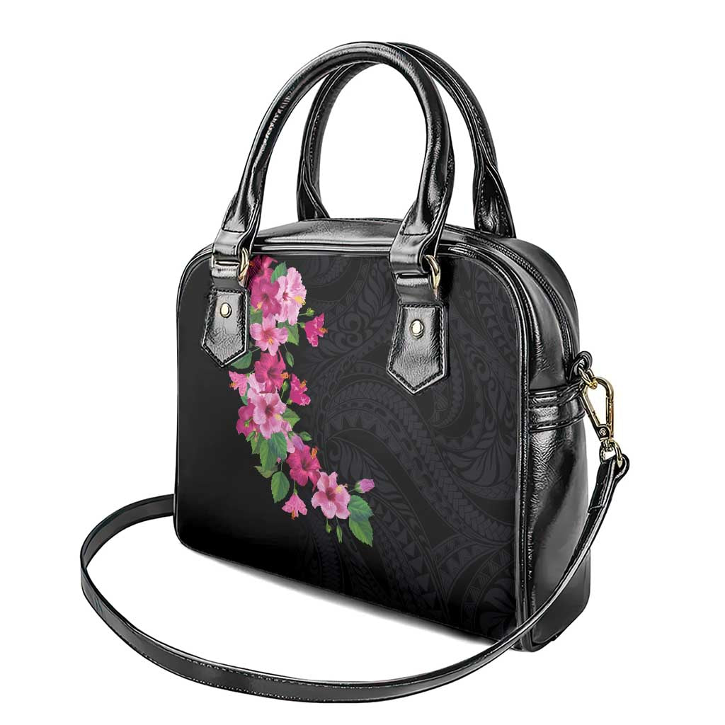 Hawaiian Hibiscus and Art Polynesian Tattoo Shoulder Handbag Black Color