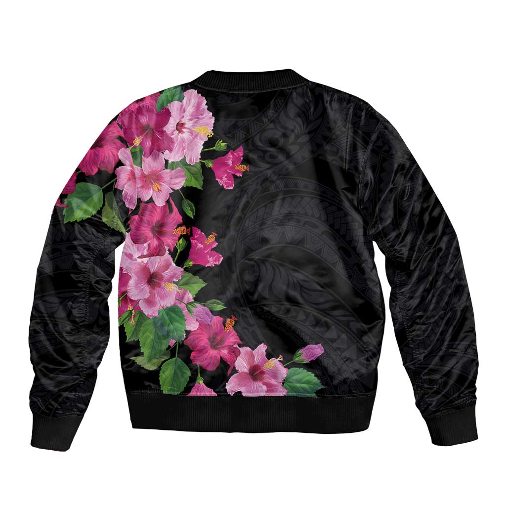 Hawaiian Hibiscus and Art Polynesian Tattoo Sleeve Zip Bomber Jacket Black Color