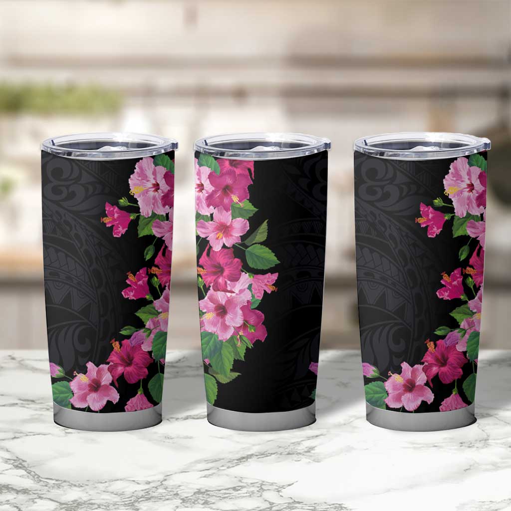 Hawaiian Hibiscus and Art Polynesian Tattoo Tumbler Cup Black Color