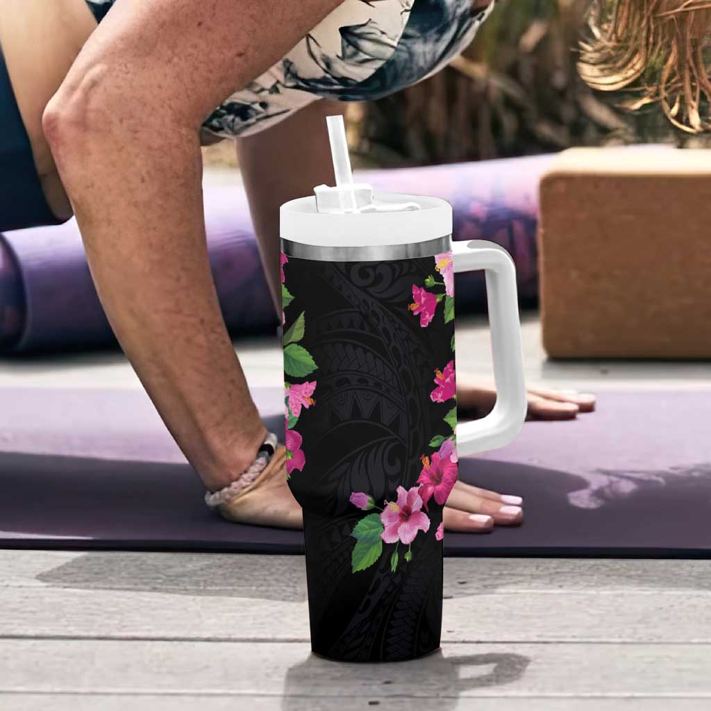 Hawaiian Hibiscus and Art Polynesian Tattoo Tumbler With Handle Black Color