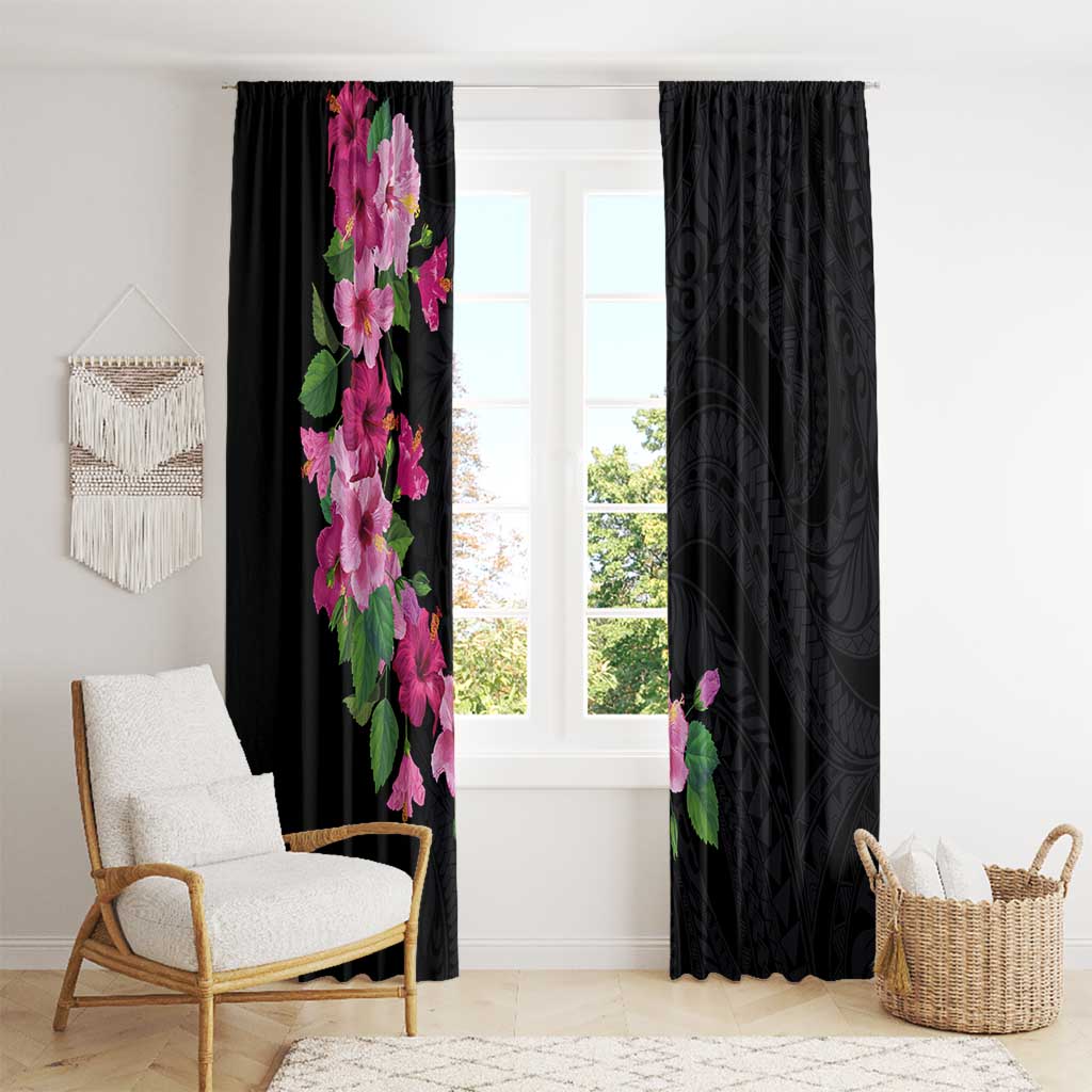 Hawaiian Hibiscus and Art Polynesian Tattoo Window Curtain Black Color