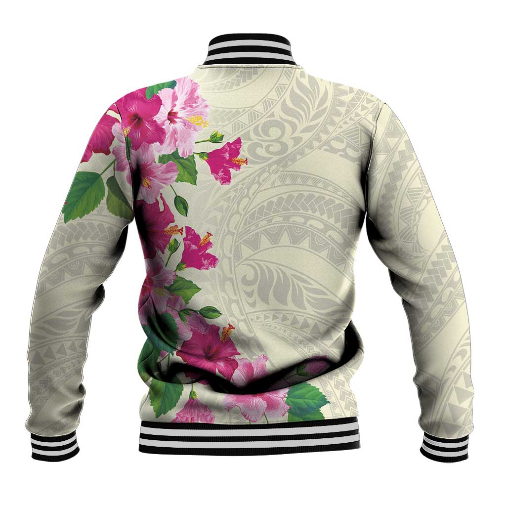 Hawaiian Hibiscus and Art Polynesian Tattoo Baseball Jacket Beige Color