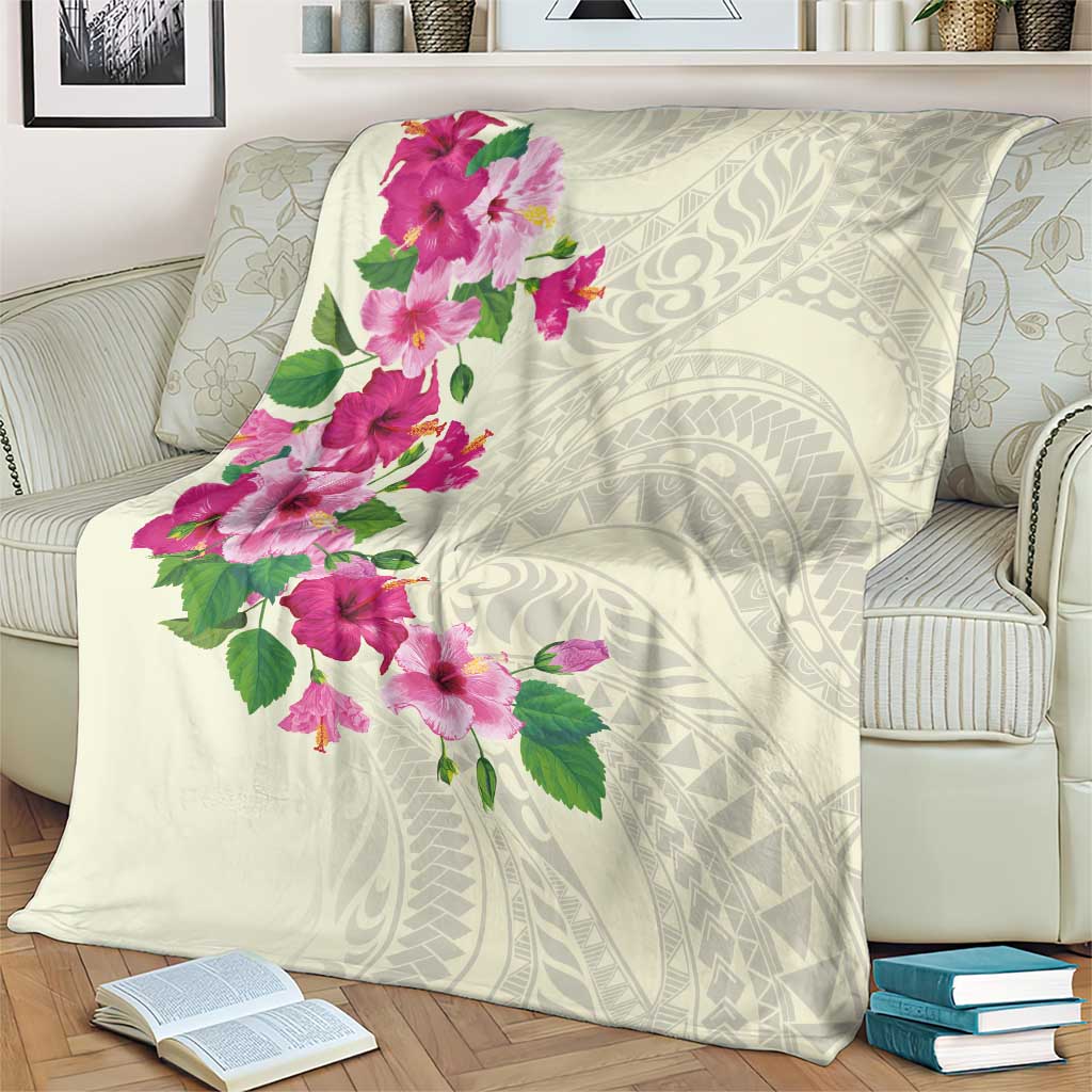 Hawaiian Hibiscus and Art Polynesian Tattoo Blanket Beige Color