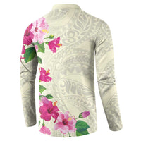 Hawaiian Hibiscus and Art Polynesian Tattoo Button Sweatshirt Beige Color