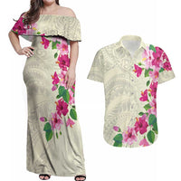 Hawaiian Hibiscus and Art Polynesian Tattoo Couples Matching Off Shoulder Maxi Dress and Hawaiian Shirt Beige Color