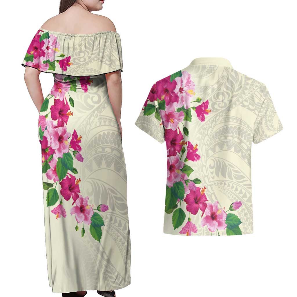 Hawaiian Hibiscus and Art Polynesian Tattoo Couples Matching Off Shoulder Maxi Dress and Hawaiian Shirt Beige Color