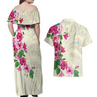 Hawaiian Hibiscus and Art Polynesian Tattoo Couples Matching Off Shoulder Maxi Dress and Hawaiian Shirt Beige Color