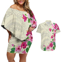 Hawaiian Hibiscus and Art Polynesian Tattoo Couples Matching Off Shoulder Short Dress and Hawaiian Shirt Beige Color