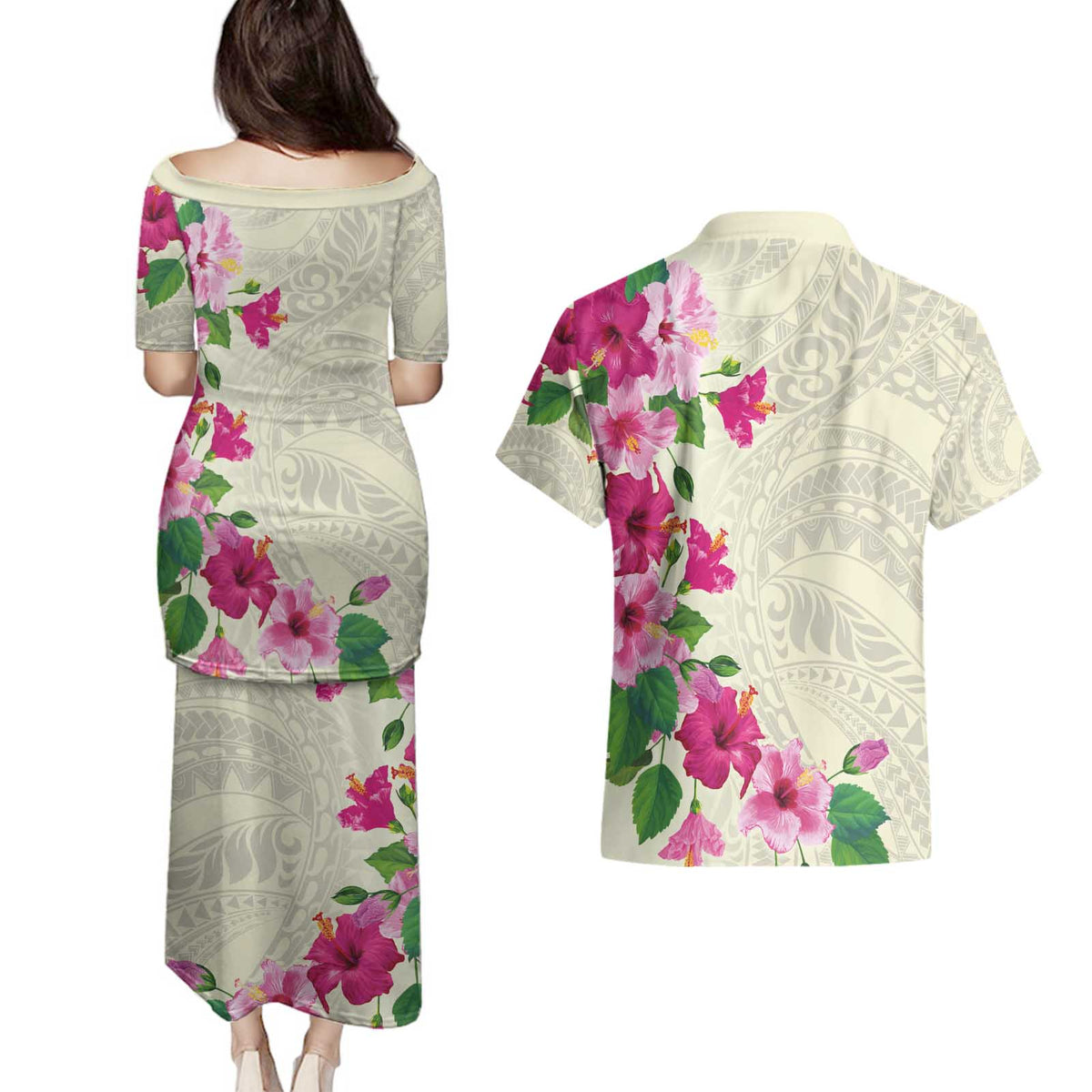 Hawaiian Hibiscus and Art Polynesian Tattoo Couples Matching Puletasi and Hawaiian Shirt Beige Color