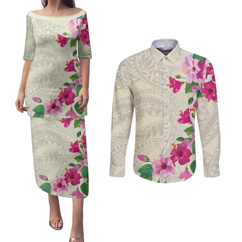Hawaiian Hibiscus and Art Polynesian Tattoo Couples Matching Puletasi and Long Sleeve Button Shirt Beige Color