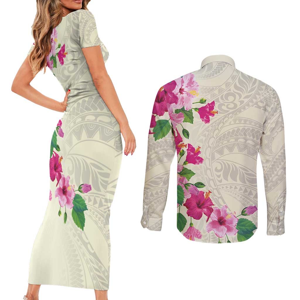 Hawaiian Hibiscus and Art Polynesian Tattoo Couples Matching Short Sleeve Bodycon Dress and Long Sleeve Button Shirt Beige Color