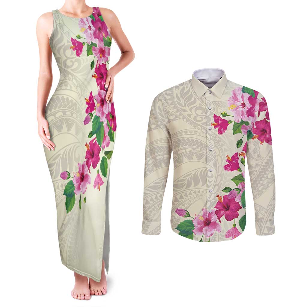 Hawaiian Hibiscus and Art Polynesian Tattoo Couples Matching Tank Maxi Dress and Long Sleeve Button Shirt Beige Color