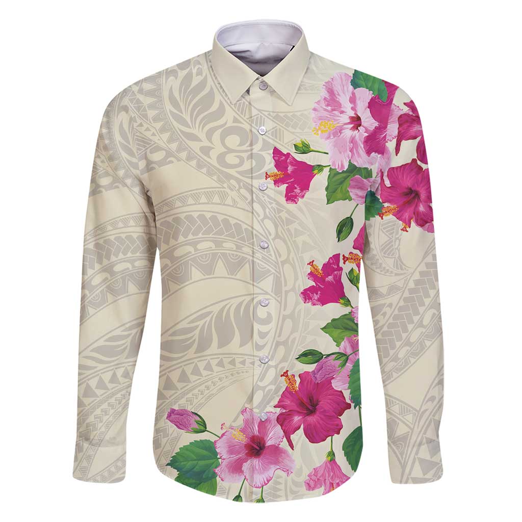 Hawaiian Hibiscus and Art Polynesian Tattoo Family Matching Long Sleeve Bodycon Dress and Hawaiian Shirt Beige Color