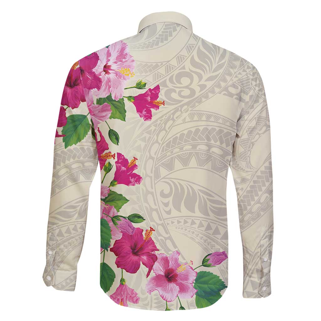 Hawaiian Hibiscus and Art Polynesian Tattoo Family Matching Long Sleeve Bodycon Dress and Hawaiian Shirt Beige Color