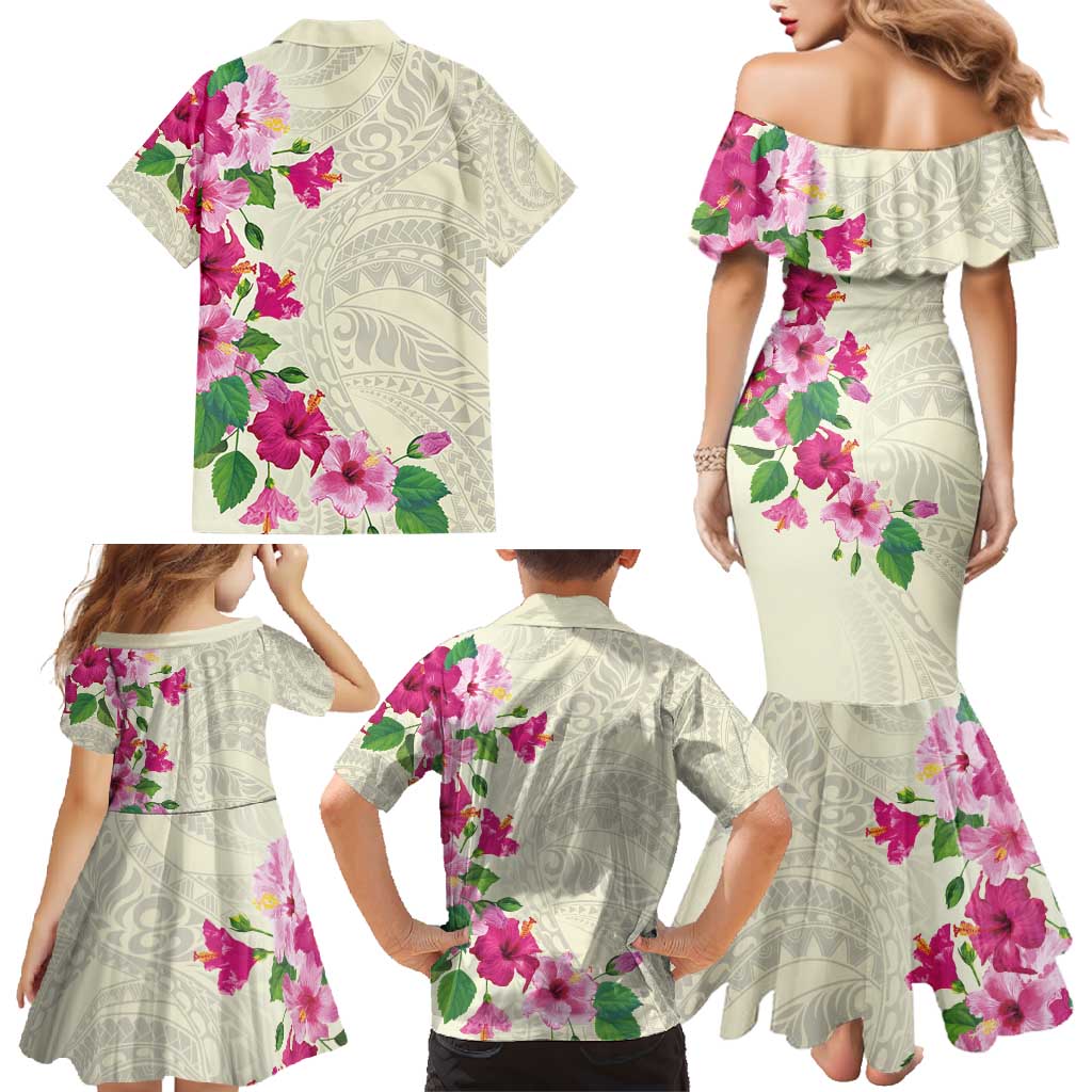 Hawaiian Hibiscus and Art Polynesian Tattoo Family Matching Mermaid Dress and Hawaiian Shirt Beige Color