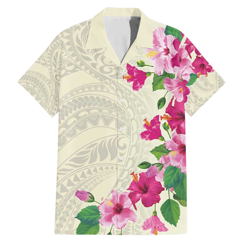 Hawaiian Hibiscus and Art Polynesian Tattoo Family Matching Mermaid Dress and Hawaiian Shirt Beige Color